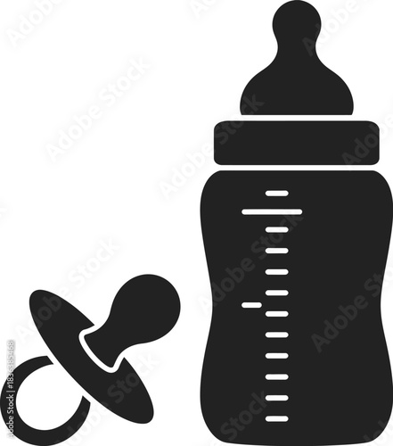 Baby bottle and pacifier black and white silhouette, vector illustration for infant care, feeding, newborn essentials, childcare, parenting, and nursery design projects.