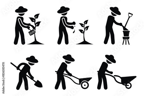 Black stick figures wearing hats engage in gardening and farming activities in simple art