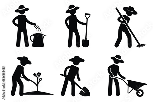 Black silhouette shows a person with a hat doing gardening using tools