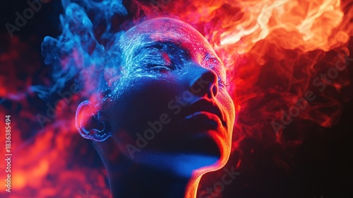 A surreal portrait of a woman with glowing colors and smoke effects emanating from her head, blending art and technology beautifully.