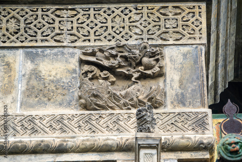 The exquisite brick carvings on the flower Theatre archway in Bozhou City, Anhui Province, China. The Flower Theatre was first built in the Qing Dynasty.