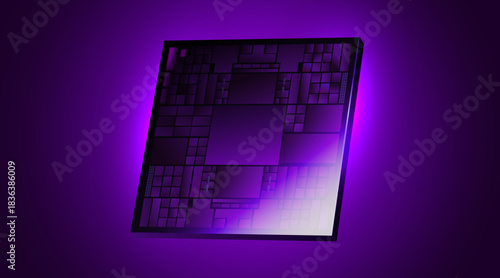 Abstract microchip processor on a glowing purple background, representing advanced technology.