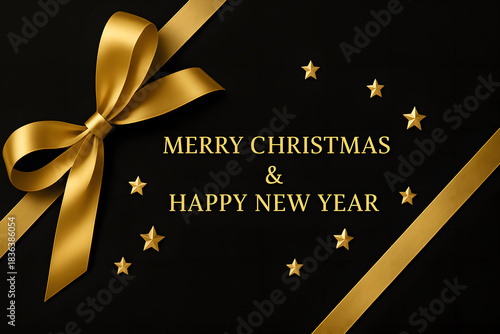 黒い背景と金色のリボンの高級感あるクリスマスカード