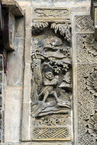 The exquisite brick carvings on the flower Theatre archway in Bozhou City, Anhui Province, China. The Flower Theatre was first built in the Qing Dynasty.