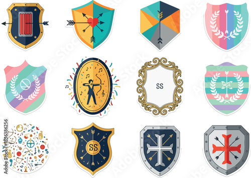 Collection of Vibrant and Unique Crests and Shields with Various Decorative Elements