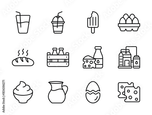 Food and Drink Line Icons Set. Milk, Dairy Products, Cheese, Bread, Eggs, Butter, Ice Cream, Protein, and Beverage Outline Vector Collection. Grocery Store and Breakfast Thin Line Set.