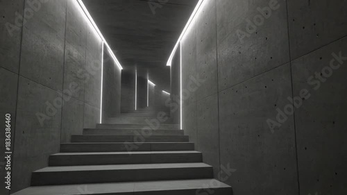 A stairwell vertical space with concrete wall texture, linear wall lighting, soft tread illumination, and shadow rhythm shaping depth.