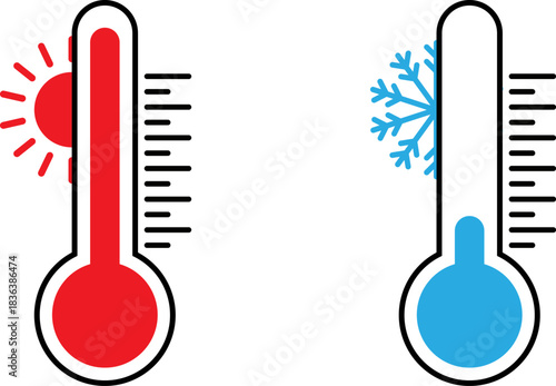 Hot and cold thermometers illustrating temperature extremes
