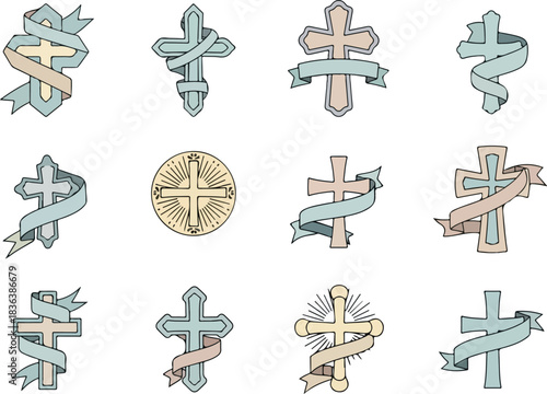 Collection of Decorative Christian Crosses with Ribbons in Pastel Colors