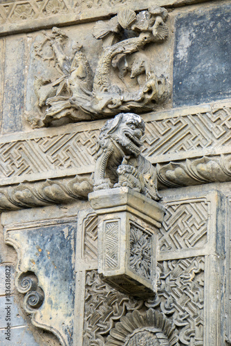 The exquisite brick carvings on the flower Theatre archway in Bozhou City, Anhui Province, China. The Flower Theatre was first built in the Qing Dynasty.