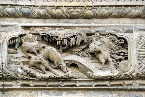 The exquisite brick carvings on the flower Theatre archway in Bozhou City, Anhui Province, China. The Flower Theatre was first built in the Qing Dynasty.