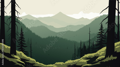 Layers of Evergreen Forested Mountains in Varied Shades of Green, Natural Serenity