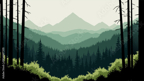 Serene Vector Landscape Illustration of Lush Green Forested Mountains and Rolling Hills in a Tranquil Nature Scene with Deep Perspective