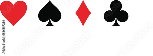 Vector illustration of classic playing card suit symbols including heart, spade, diamond, and club, perfect for casino and game designs.