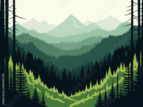 Scenic Forest Landscape with Mountains A Tranquil Illustration of Nature's Beauty and Serenity