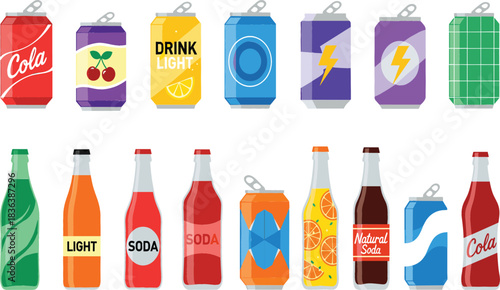 Colorful Vector Set of Assorted Soda, Energy Drink, and Cola Beverage Cans and Bottles, Perfect for Refreshment Packaging, Food Service, and Supermarket Advertising.