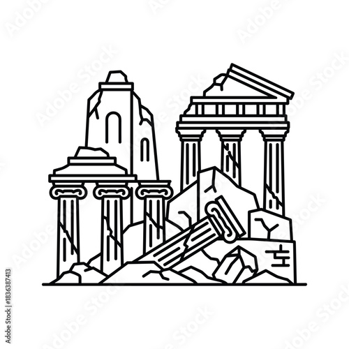 Outline Icon of Ancient Architectural Ruins with Broken Columns and Temple Fragments