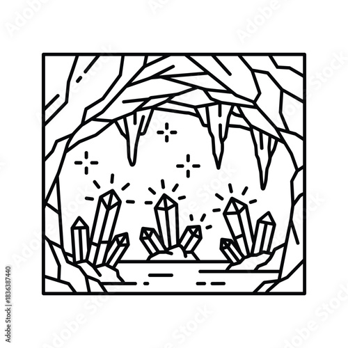 Sparkling Crystal Cave Line Art Illustration with Stalactites and Glowing Gems