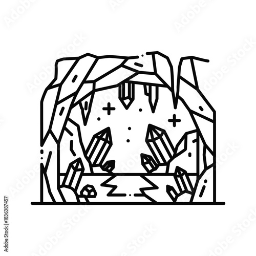 Minimalist Outline Icon of a Crystal Cave with Stalactites and Geological Formations