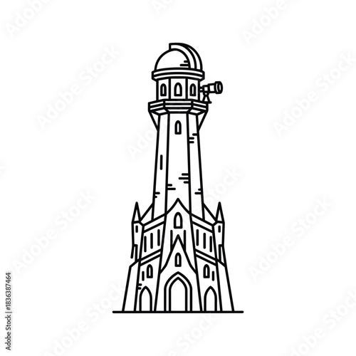 Ornate Observatory Tower with Telescope - Detailed Line Art Illustration