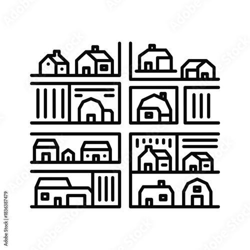 Simple Outline House and Building Icons Grid