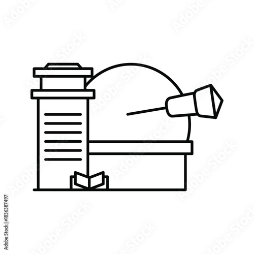 Line icon of an astronomical observatory building with a telescope and an attached research or learning facility, representing science, exploration, and knowledge.