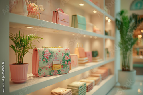 Vitrine de magasin moderne exposant des accessoires de mode sur des étagères éclairées, concept de shopping, commerce de détail et présentation de produits de luxe