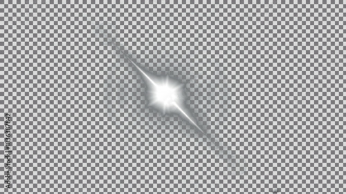 Intense brilliant white lens flare effect with sharp diagonal light streak and four-point starburst center, clean ethereal illumination element on transparent PNG background.