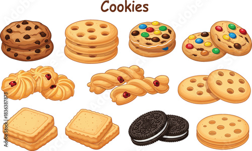 Deliciously Illustrated Assortment of Sweet Baked Cookies, Including Chocolate Chip, Sandwich, Shortbread, and Sugar Biscuits, Perfect for Dessert Menus and Bakery Designs.