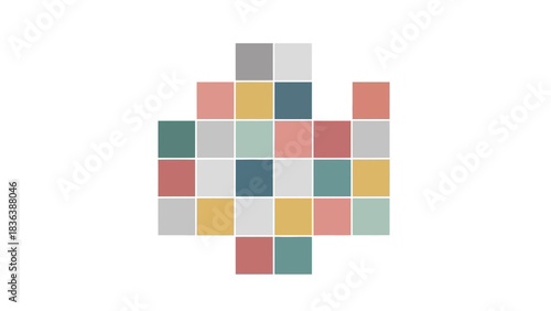 Pixelated mosaic of colored squares forming an abstract shape.