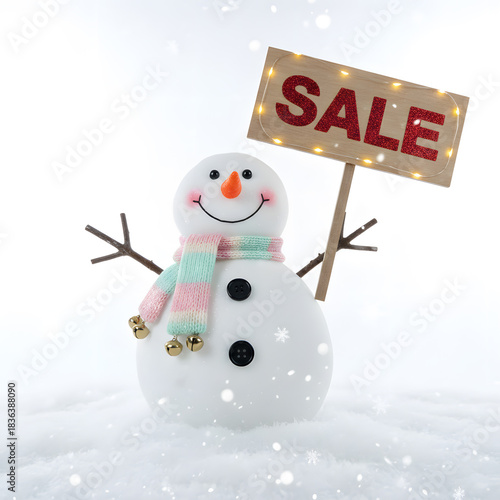 Flash Sale Sign with Snowman and Reindeer on Podium, Winter Discount
