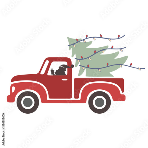 Santa driving red pickup truck with christmas tree decorated with lights on the back for the holidays