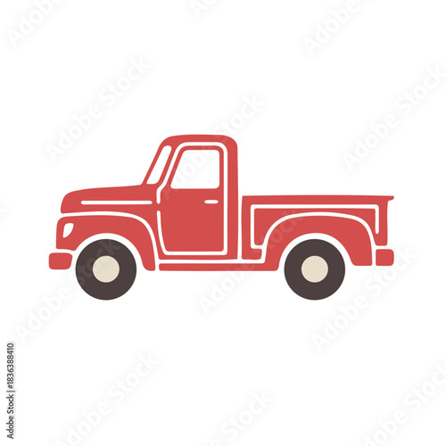 Illustration of a vintage red pickup truck with white accents and dark wheels on a white background