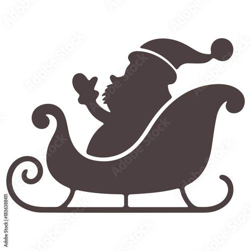 Silhouette of santa claus in a sleigh with a hat waving his hand for christmas holiday season celebration