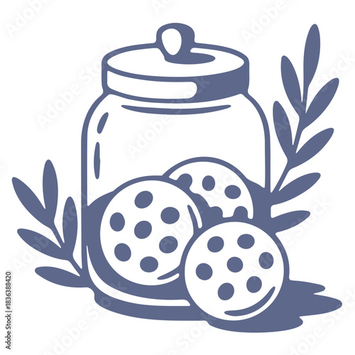 A cookie jar filled with cookies and decorated with leaves on a white background illustration art