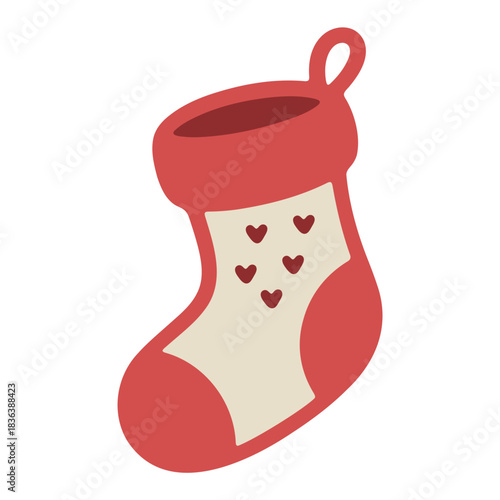 Illustration of a red christmas stocking with small hearts on the off white part of the stocking