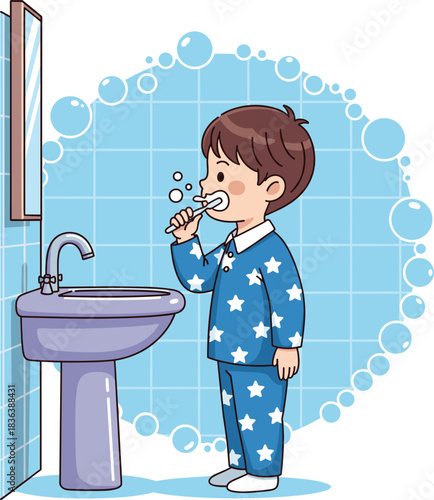Cute Cartoon Vector Illustration of a Boy Brushing Teeth in a Blue Bathroom
