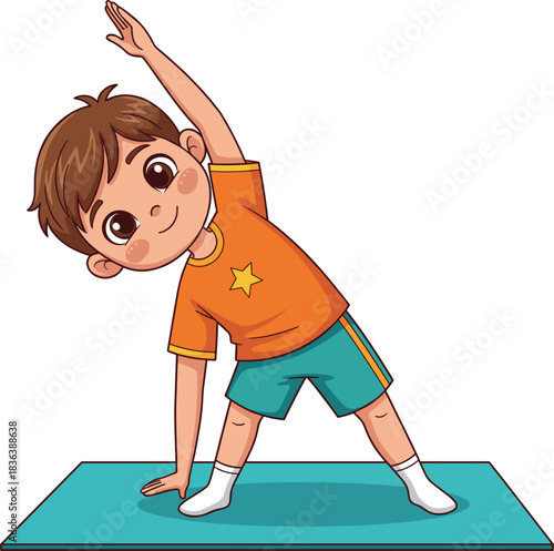 Cartoon Boy Performing Triangle Yoga Pose on a Mat for Exercise and Wellness Vector