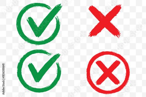 Hand drawn check tick mark icon set. x marks, checkboxes, and checklist symbols including right and wrong signs in brush marker style.