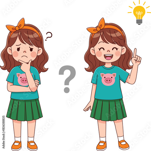 Cartoon Girl Thinking, Pondering a Question Mark, and Getting a Bright Idea Vector