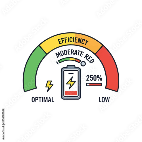 Efficiency gauge with optimal, moderate, and low levels, featuring a charging battery icon and a 250% power indicator.