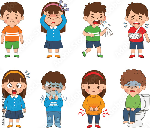 Vector Set of Children with Common Sickness Symptoms like Fever, Cold, and Injuries