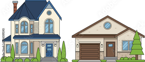 Vector illustration of two residential houses, including a modern single-story home and a classic two-story house with detailed architecture.