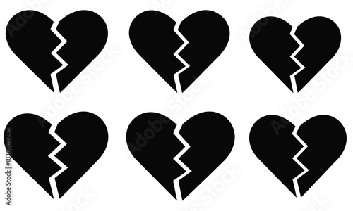 Six black broken heart silhouettes arranged in two rows on a white background