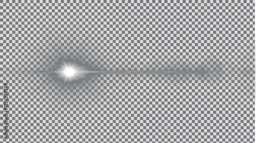 Minimalist subtle white horizontal light streak effect with thin beam and tiny four-point starburst center, clean delicate illumination on transparent PNG background.