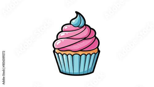 Delicious Pink Cupcake with Blue Frosting Swirl.