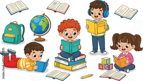 Cartoon Vector of Diverse Children Reading Books with School Supplies and a Globe