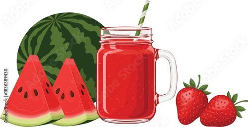 Vector illustration of watermelon and strawberries with a refreshing red fruit juice in a mason jar, perfect for summer and beverage designs.