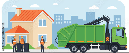 Garbage Truck and Workers Collecting Trash Bins from a Suburban House Vector.Garbage Truck and Workers Collecting Trash Bins from a Suburban House Vector.