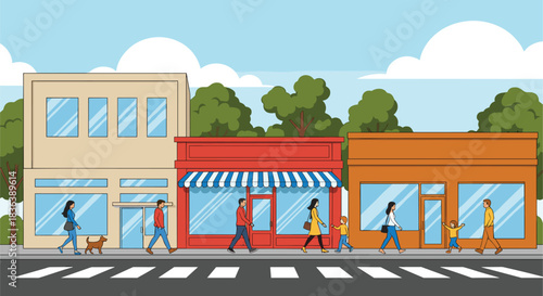 Vector Illustration of City People Walking Past Colorful Retail Storefronts and ShopsVector Illustration of City People Walking Past Colorful Retail Storefronts and Shops
